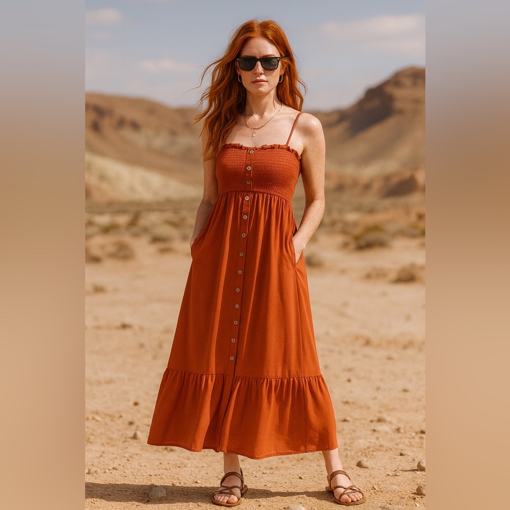 Dokotoo Smocked Button-Front Maxi Dress – Terracotta – Size M –Never Worn